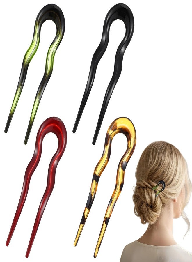 DOPENSPI 4PCS French U Shaped Hair Fork, Curved Tortoise French Hair Pin U Shaped 2 Prong Updo Curved Retro Fork Sticks Hairpin with Two Prongs for Women Girls - Image 1